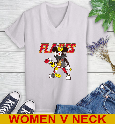 Calgary Flames NHL Hockey Mickey Peace Sign Sports Women's V-Neck T-Shirt