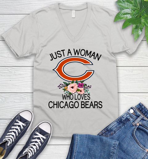 NFL Just A Woman Who Loves Chicago Bears Football Sports V-Neck T-Shirt