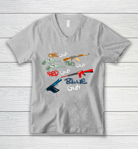 One Gun Two Gun Red Gun Blue Gun Funny V-Neck T-Shirt 3