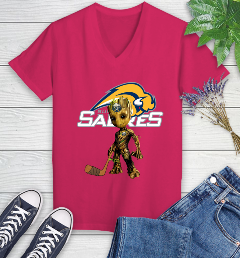 Buffalo Sabres NHL Hockey Groot Marvel Guardians Of The Galaxy Women's V-Neck T-Shirt 9