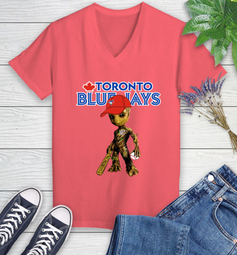MLB Toronto Blue Jays Groot Guardians Of The Galaxy Baseball Women's V-Neck T-Shirt 6
