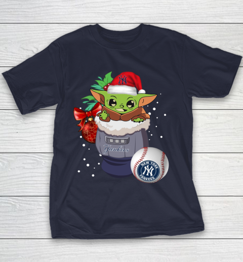 New York Yankees Christmas Baby Yoda Star Wars Funny Happy MLB Youth T-Shirt 4