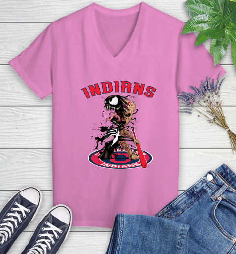 MLB Cleveland Indians Baseball Venom Groot Guardians Of The Galaxy Women's V-Neck T-Shirt 14