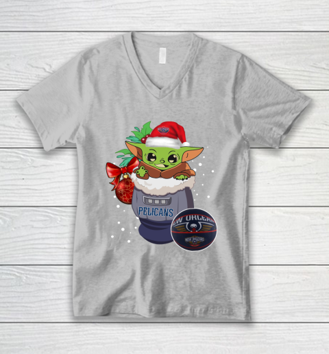 New Orleans Pelicans Christmas Baby Yoda Star Wars Funny Happy NBA V-Neck T-Shirt 4