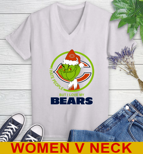 Chicago Bears NFL Christmas Grinch I Hate People But I Love My Favorite Football Team Women's V-Neck T-Shirt