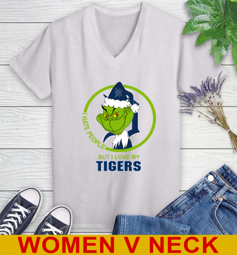 Detroit Tigers MLB Christmas Grinch I Hate People But I Love My Favorite Baseball Team Women's V-Neck T-Shirt