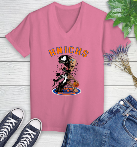 NBA New York Knicks Basketball Venom Groot Guardians Of The Galaxy Women's V-Neck T-Shirt 13