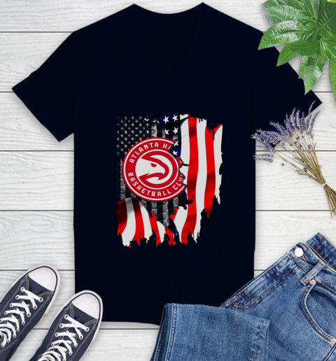 Atlanta Hawks NBA Basketball American Flag Women's V-Neck T-Shirt 2