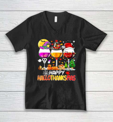 Halloween Thanksgiving Christmas Happy Hallothanksmas Wine V-Neck T-Shirt