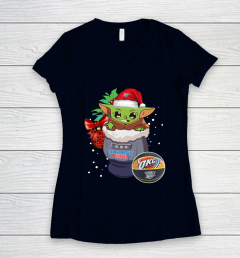 Oklahoma City Thunder Christmas Baby Yoda Star Wars Funny Happy NBA Women's V-Neck T-Shirt 3