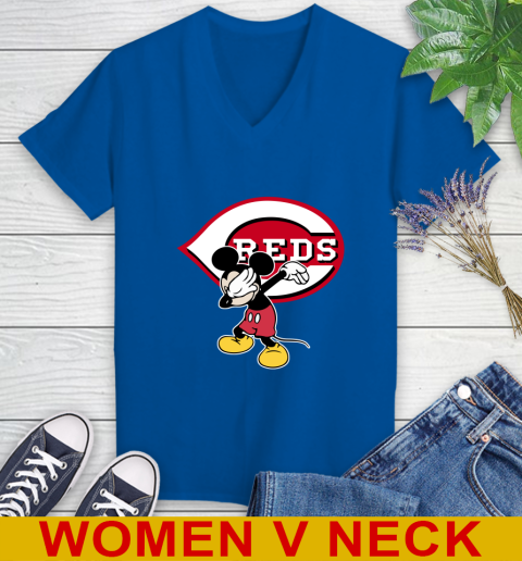 Cincinnati Reds MLB Baseball Dabbing Mickey Disney Sports Women's V-Neck T-Shirt 11