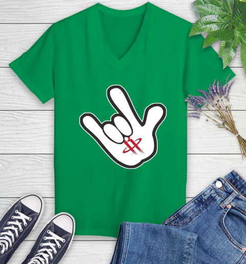 Houston Rockets NBA Basketball Mickey Rock Hand Disney Women's V-Neck T-Shirt 5