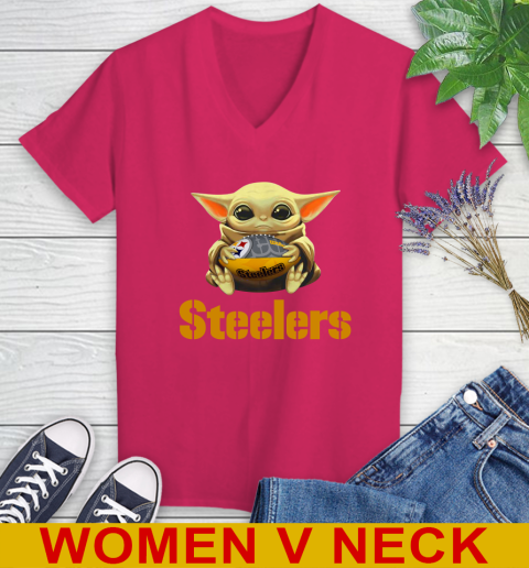 NFL Football Pittsburgh Steelers Baby Yoda Star Wars Shirt Women's V-Neck T-Shirt 10