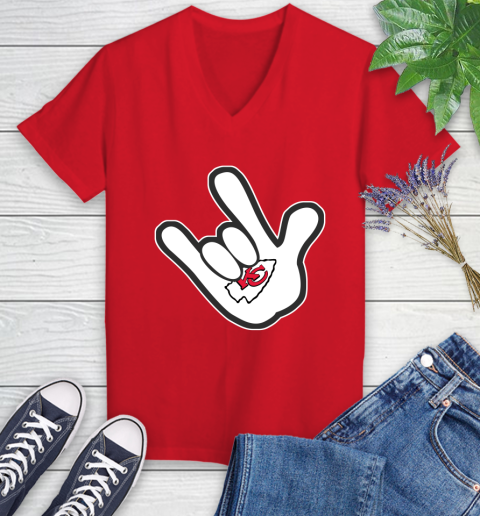 Kansas City Chiefs NFL Football Mickey Rock Hand Disney Women's V-Neck T-Shirt 12