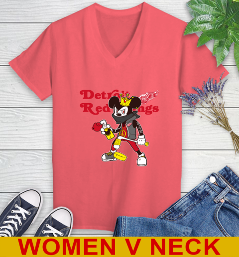 Detroit Red Wings NHL Hockey Mickey Peace Sign Sports Women's V-Neck T-Shirt 7
