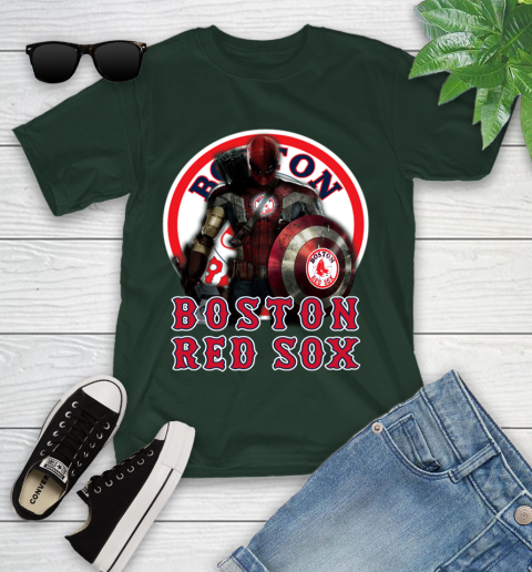 MLB Captain America Thor Spider Man Hawkeye Avengers Endgame Baseball Boston Red Sox Youth T-Shirt 5