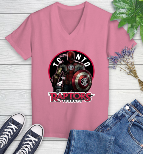Toronto Raptors NBA Basketball Captain America Thor Spider Man Hawkeye Avengers Women's V-Neck T-Shirt 13