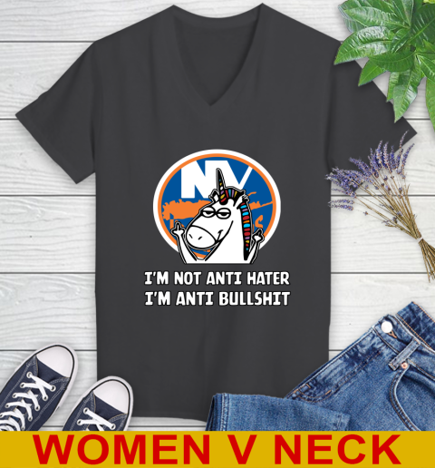 New York Islanders NHL Hockey Unicorn I'm Not Anti Hater I'm Anti Bullshit Women's V-Neck T-Shirt 9