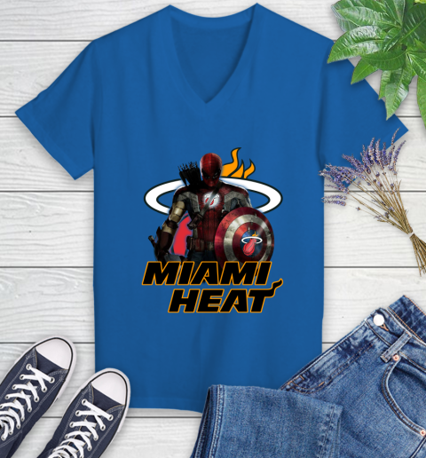 Miami Heat NBA Basketball Captain America Thor Spider Man Hawkeye Avengers Women's V-Neck T-Shirt 10