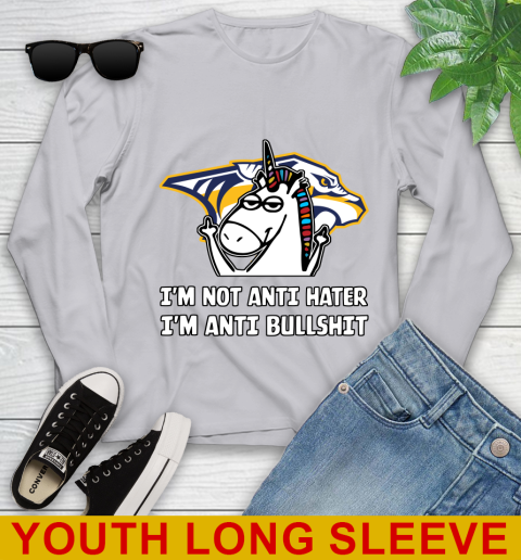 Nashville Predators NHL Hockey Unicorn I'm Not Anti Hater I'm Anti Bullshit Youth Long Sleeve 6