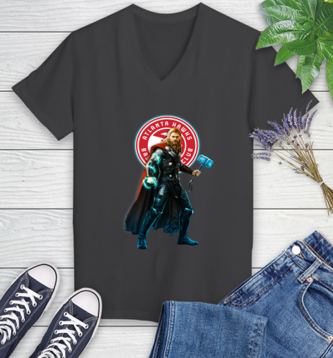 NBA Thor Avengers Endgame Basketball Atlanta Hawks Women's V-Neck T-Shirt 8