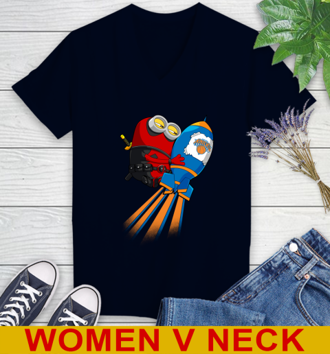 NBA Basketball New York Knicks Deadpool Minion Marvel Shirt Women's V-Neck T-Shirt 2