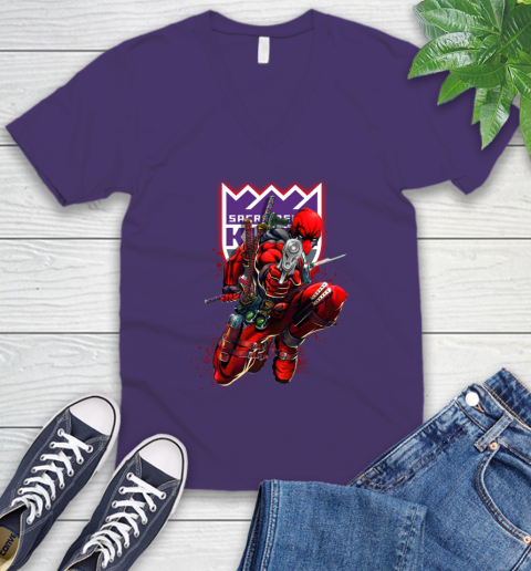 NBA Deadpool Marvel Comics Sports Basketball Sacramento Kings V-Neck T-Shirt 10