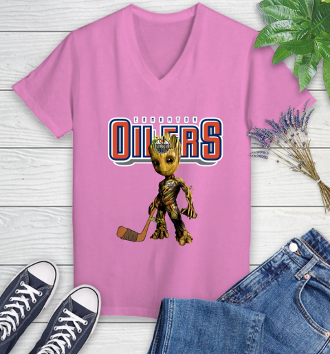 Edmonton Oilers NHL Hockey Groot Marvel Guardians Of The Galaxy Women's V-Neck T-Shirt 14