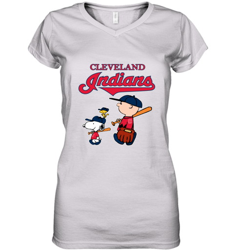 Cleveland Indians Let's Play Baseball Together Snoopy MLB Women's V-Neck T-Shirt