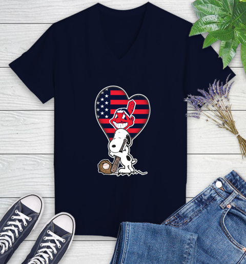 Cleveland Indians MLB Baseball The Peanuts Movie Adorable Snoopy Women's V-Neck T-Shirt 3
