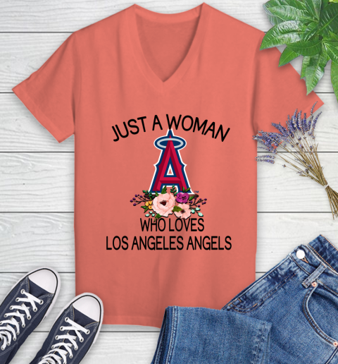 MLB Just A Woman Who Loves Los Angeles Angels Baseball Sports Women's V-Neck T-Shirt 3