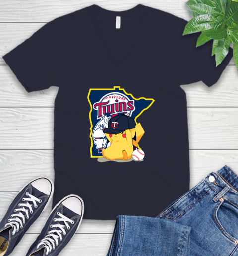 MLB Pikachu Baseball Sports Minnesota Twins V-Neck T-Shirt 3