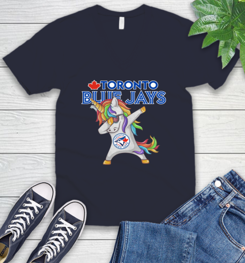Toronto Blue Jays MLB Baseball Funny Unicorn Dabbing Sports V-Neck T-Shirt 3