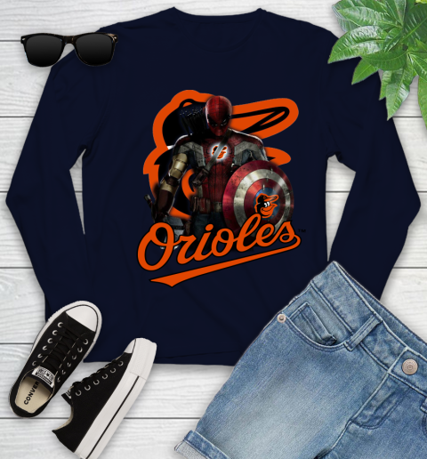 MLB Captain America Thor Spider Man Hawkeye Avengers Endgame Baseball Baltimore Orioles Youth Long Sleeve 3