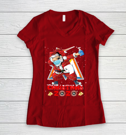 Miami Marlins Funny Santa Claus Dabbing Christmas 2020 MLB Women's V-Neck T-Shirt 8