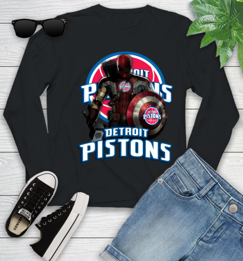 Detroit Pistons NBA Basketball Captain America Thor Spider Man Hawkeye Avengers Youth Long Sleeve 2