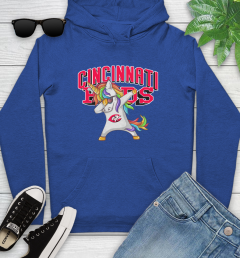 Cincinnati Reds MLB Baseball Funny Unicorn Dabbing Sports Youth Hoodie 9