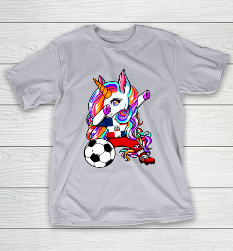 Dabbing Unicorn Dominican Republic Soccer Fans Flag Football T-Shirt 18