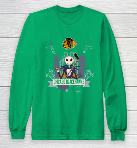 NHL Chicago Blackhawks Hockey Jack Skellington Halloween Long Sleeve T-Shirt 4