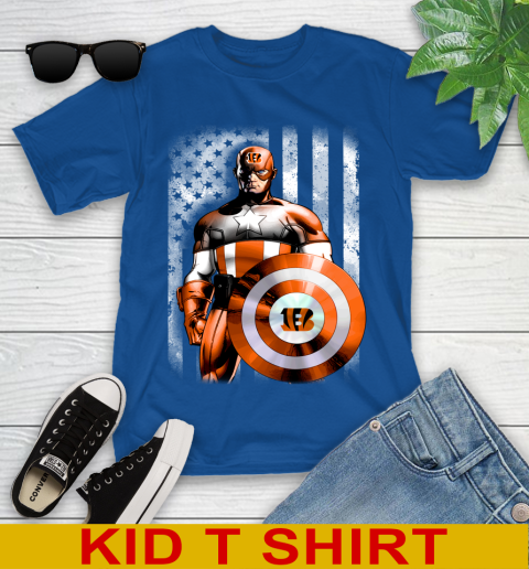 Cincinnati Bengals NFL Football Captain America Marvel Avengers American Flag Shirt Youth T-Shirt 10