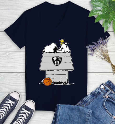 Brooklyn Nets NBA Basketball Snoopy Woodstock The Peanuts Movie Women's V-Neck T-Shirt 3