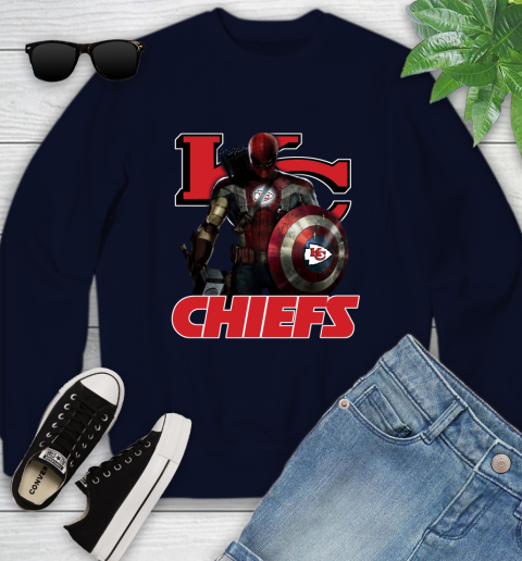 NFL Captain America Thor Spider Man Hawkeye Avengers Endgame Football Kansas City Chiefs Youth Sweatshirt 3