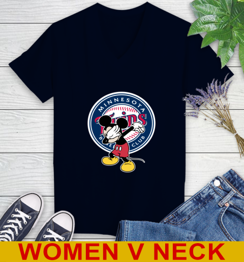Minnesota Twins MLB Baseball Dabbing Mickey Disney Sports Women's V-Neck T-Shirt 3