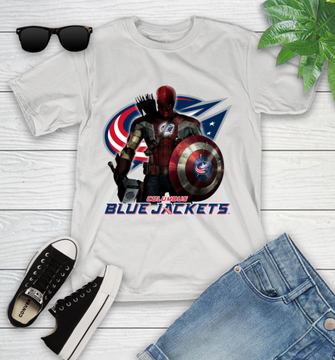 NHL Captain America Thor Spider Man Hawkeye Avengers Endgame Hockey Columbus Blue Jackets Youth T-Shirt