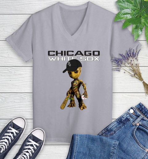 MLB Chicago White Sox Groot Guardians Of The Galaxy Baseball Women's V-Neck T-Shirt 4