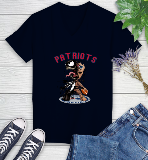 NFL New England Patriots Football Venom Groot Guardians Of The Galaxy Women's V-Neck T-Shirt 3
