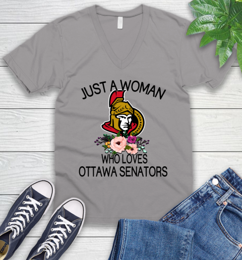 NHL Just A Woman Who Loves Ottawa Senators Hockey Sports V-Neck T-Shirt 2