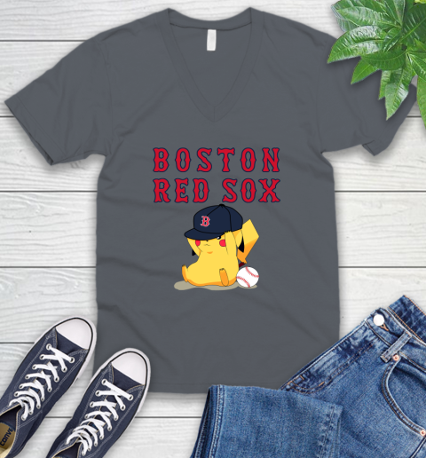 MLB Pikachu Baseball Sports Boston Red Sox V-Neck T-Shirt 5