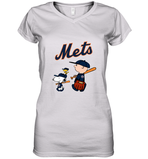 New York Mets Let's Play Baseball Together Snoopy MLB Women's V-Neck T-Shirt