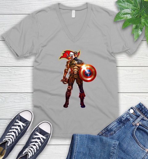 NFL Captain America Marvel Avengers Endgame Football Sports Tampa Bay Buccaneers V-Neck T-Shirt 4